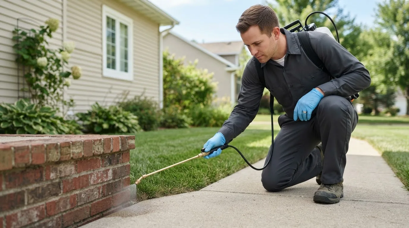 Pest control technician treating a home near Massena, NY