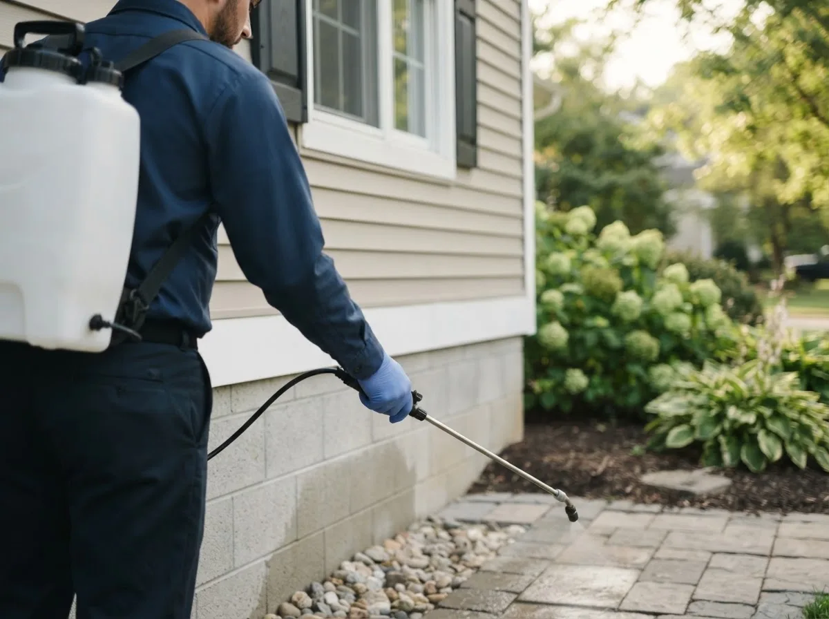 Pest control technician inspecting a home in Massena, NY